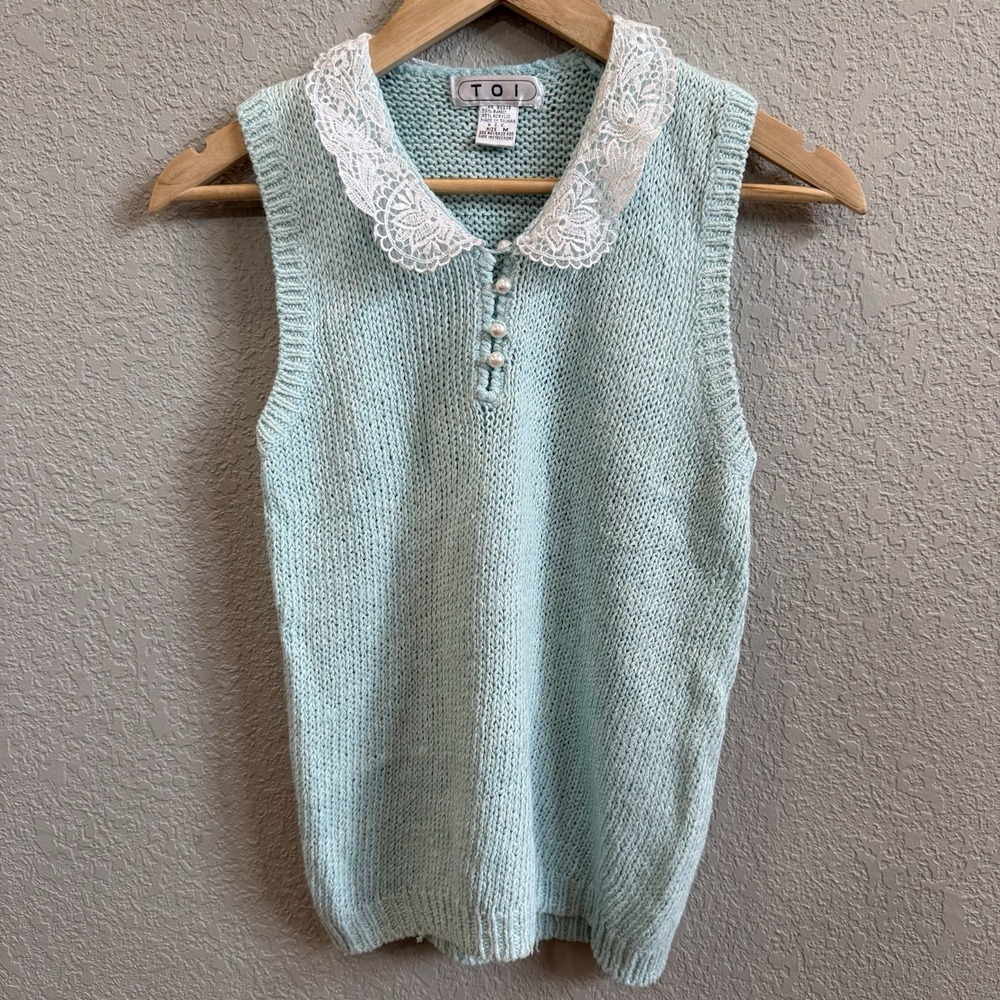 VTG Toi Size M Pastel Teal Knit Sweater Vest Lace Collar Pearlescent Buttons